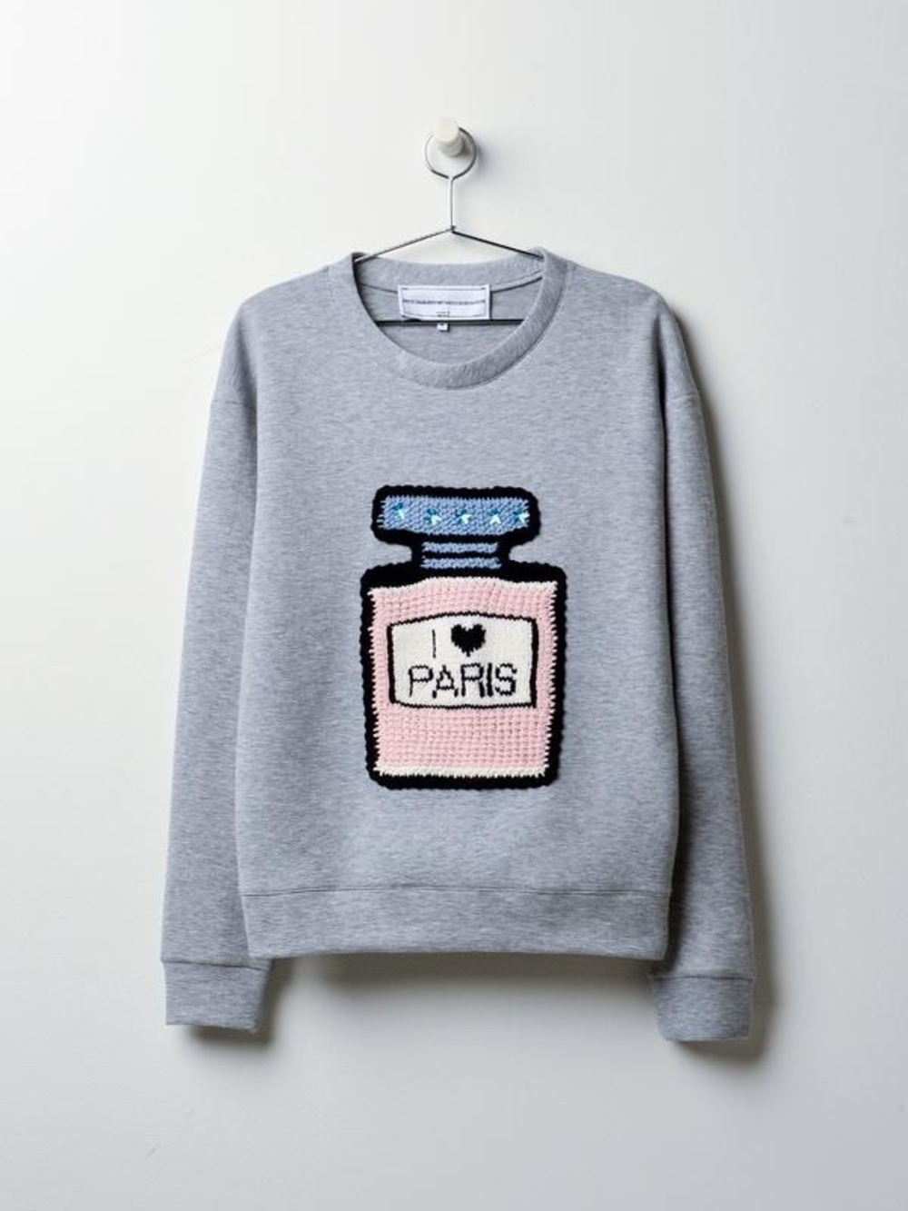Grey Crewneck Sweater with Pink Paris Perfume Graphic